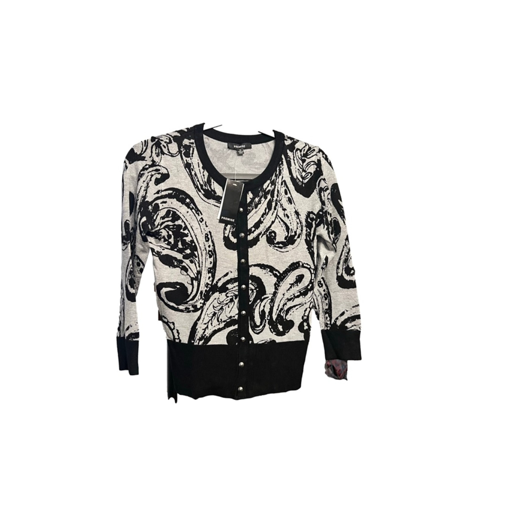 Saks Premise Black Grey Paisley Cardigan Sweater XS NWT